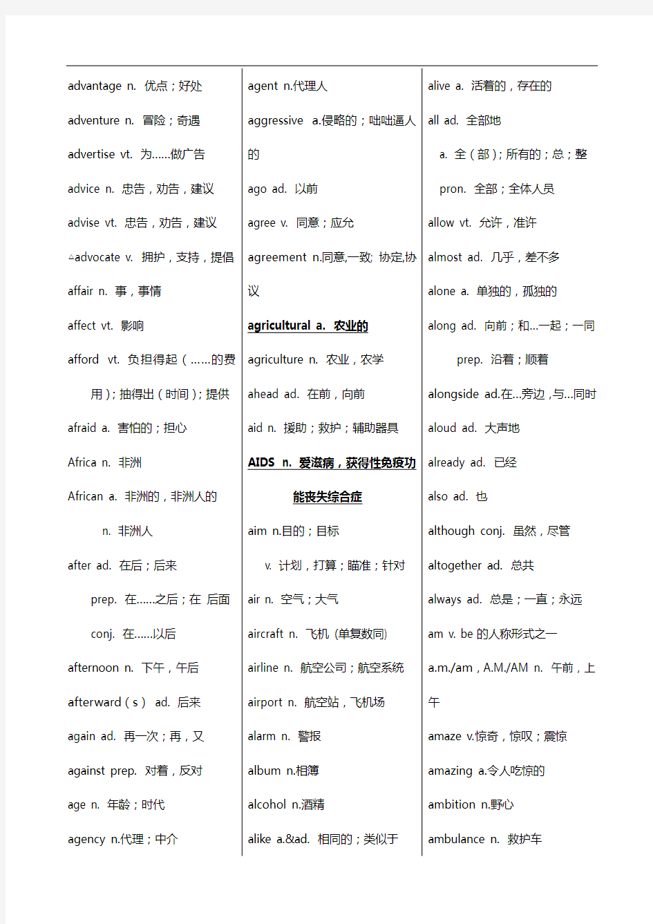 2018天津市高考英语考纲词汇表(官方完整版)