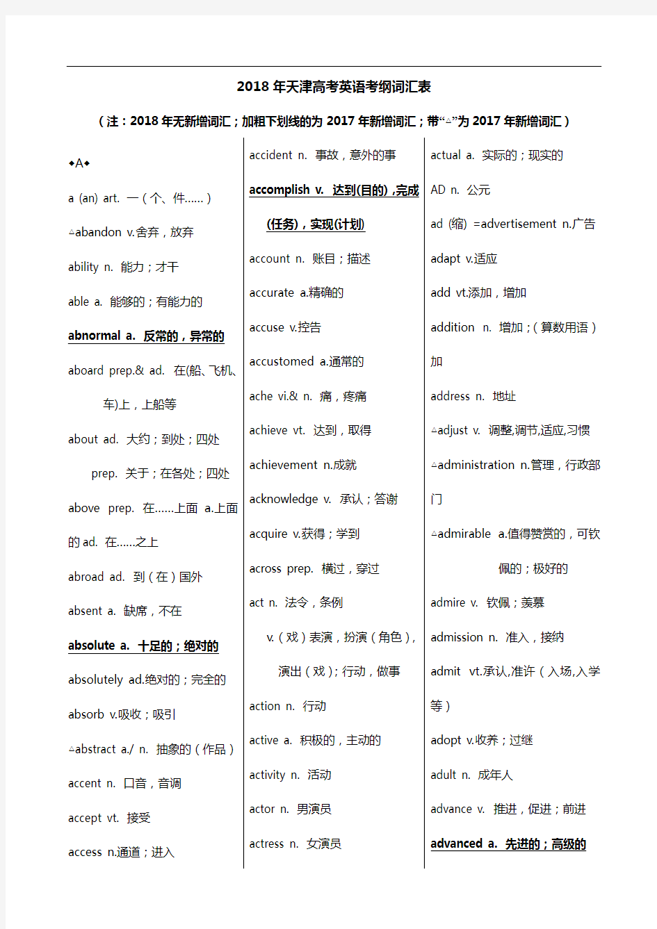 2018天津市高考英语考纲词汇表(官方完整版)