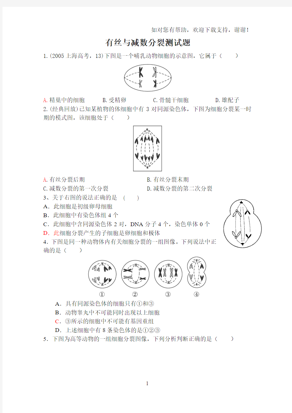 细胞分裂测试题