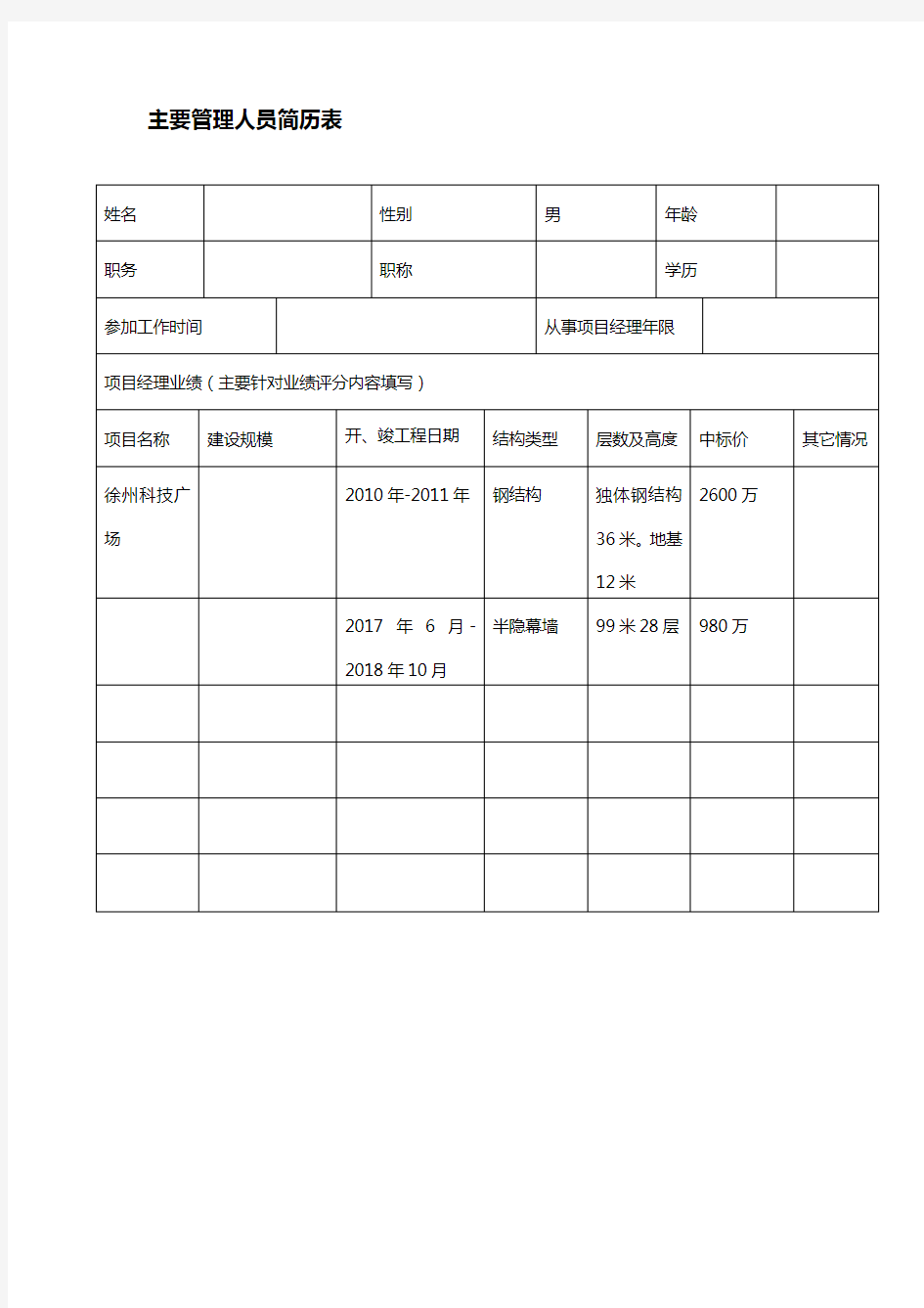 主要管理人员简历表