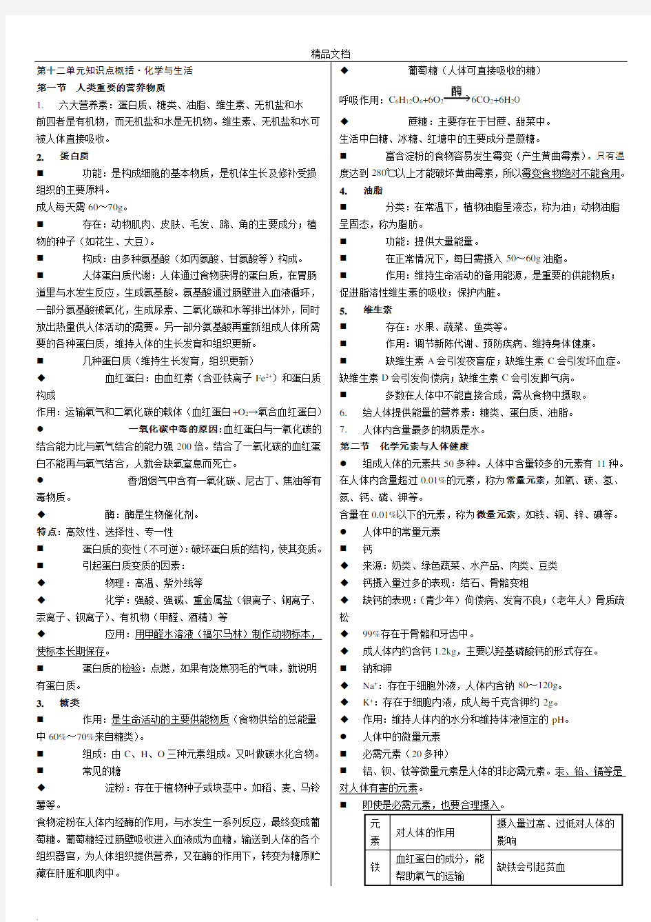 人教版九年级化学第十二单元知识点概括