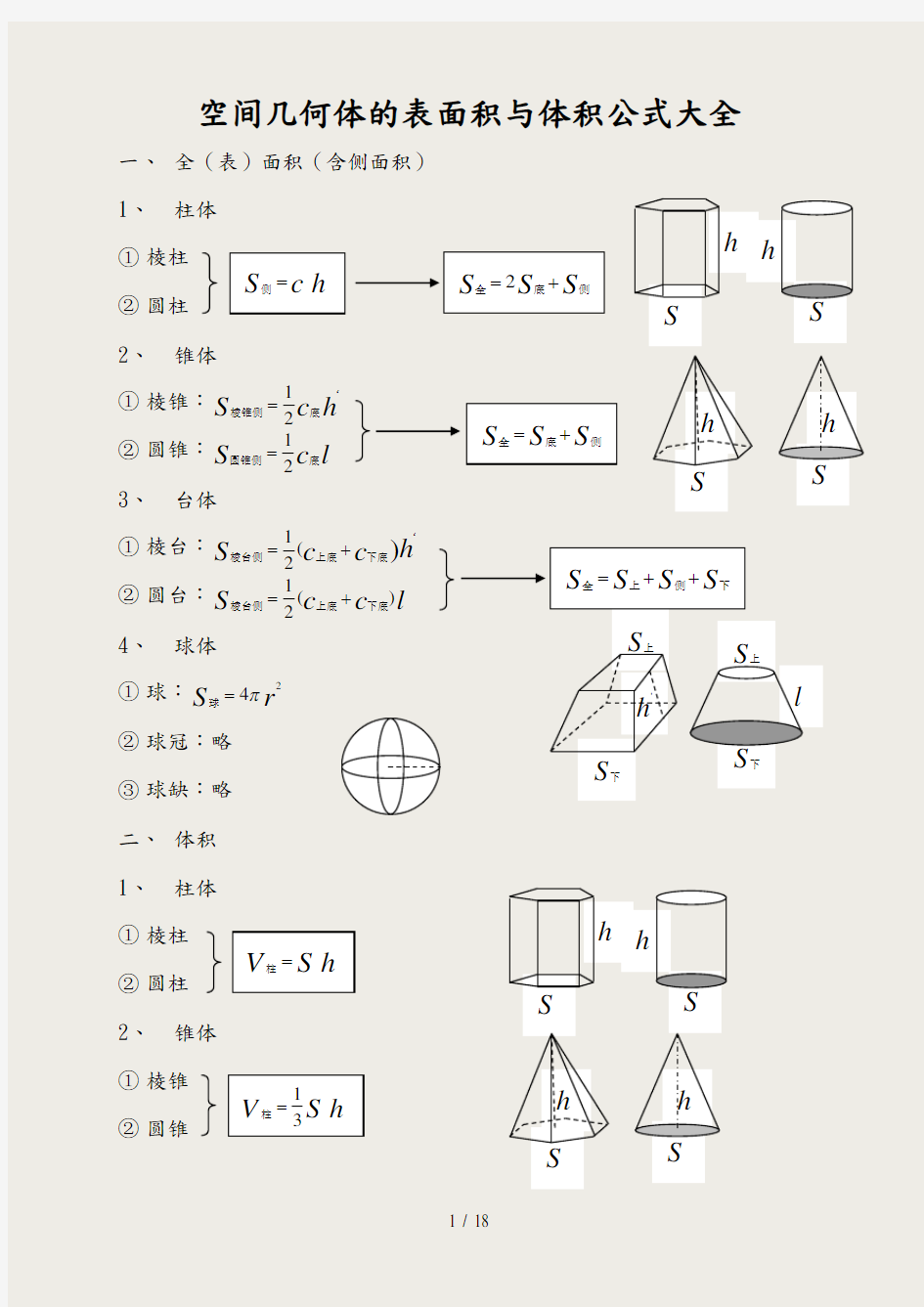 空间几何体的表面积和体积公式大全