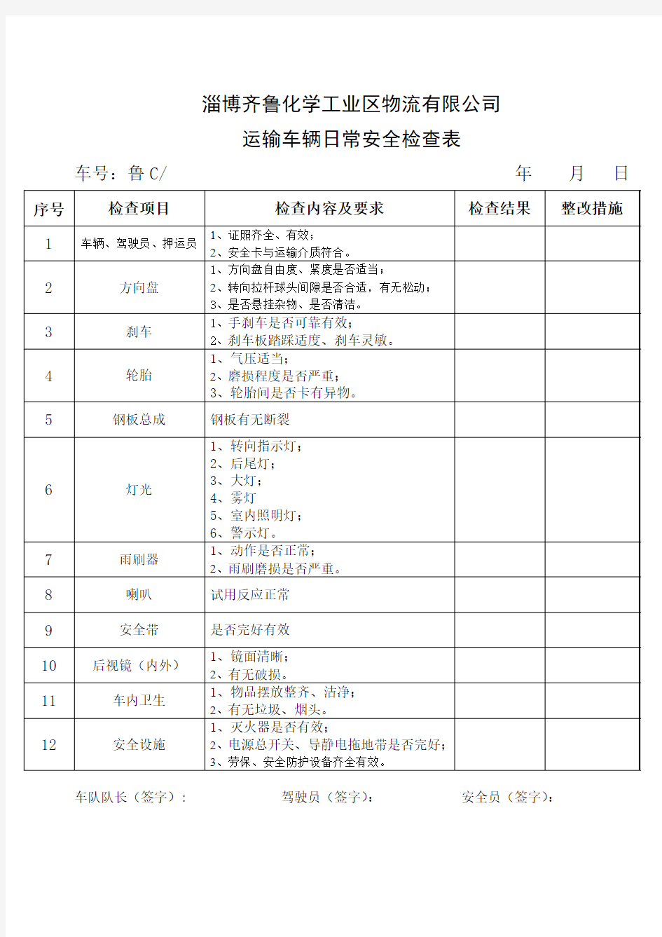 运输车辆日常检查表