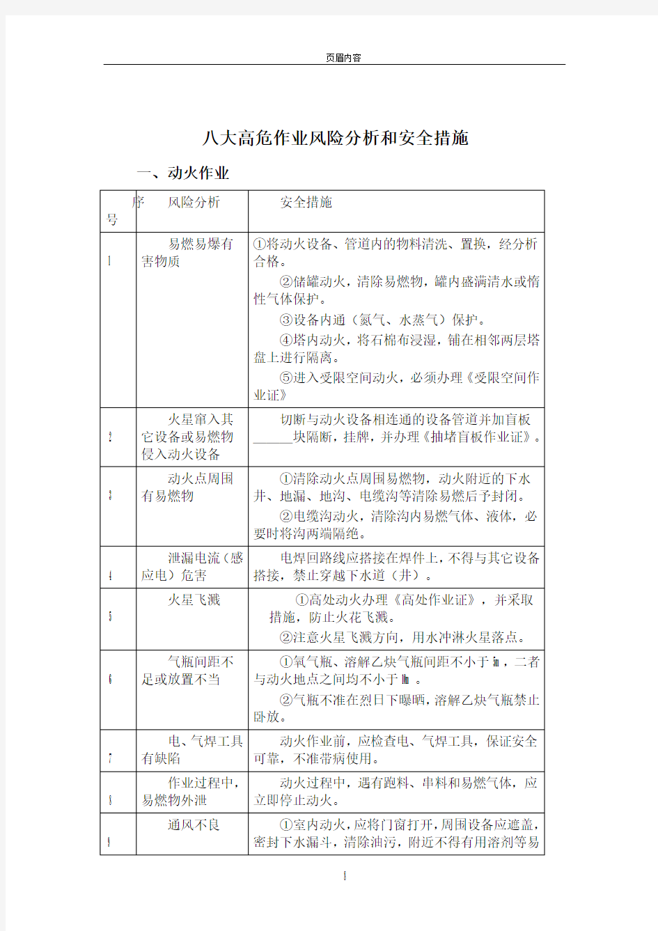 八大高危作业风险分析和安全措施