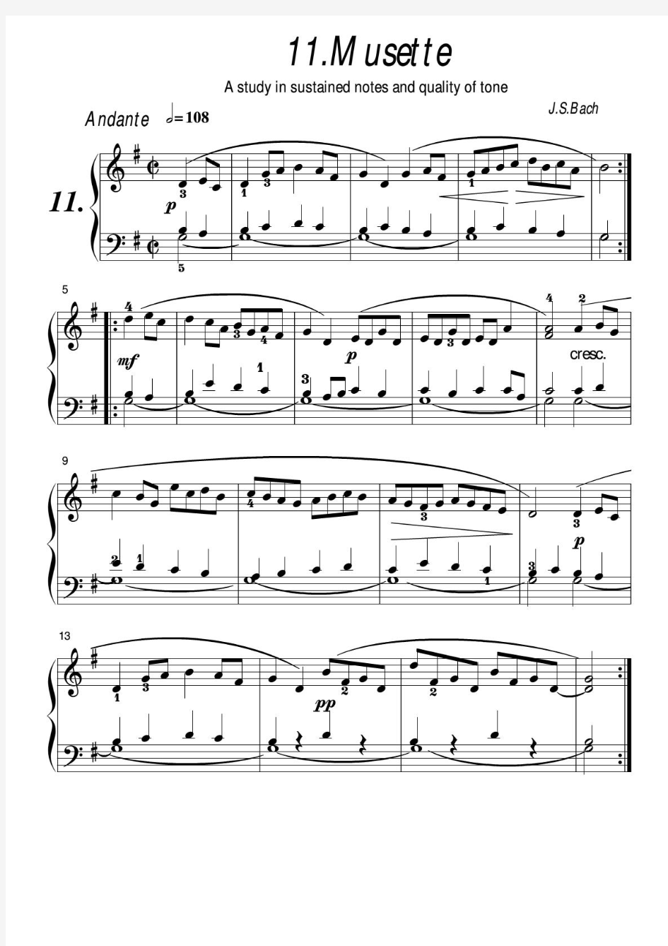 钢琴谱巴赫初级钢琴曲集第11首摩塞塔舞曲PDF电子清晰版