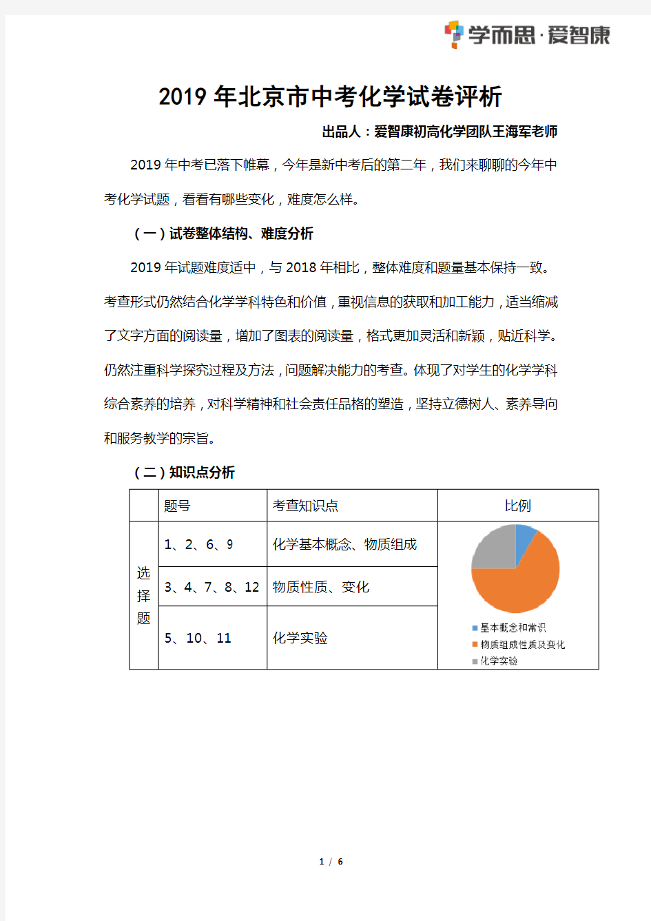 2019北京中考化学试卷评析