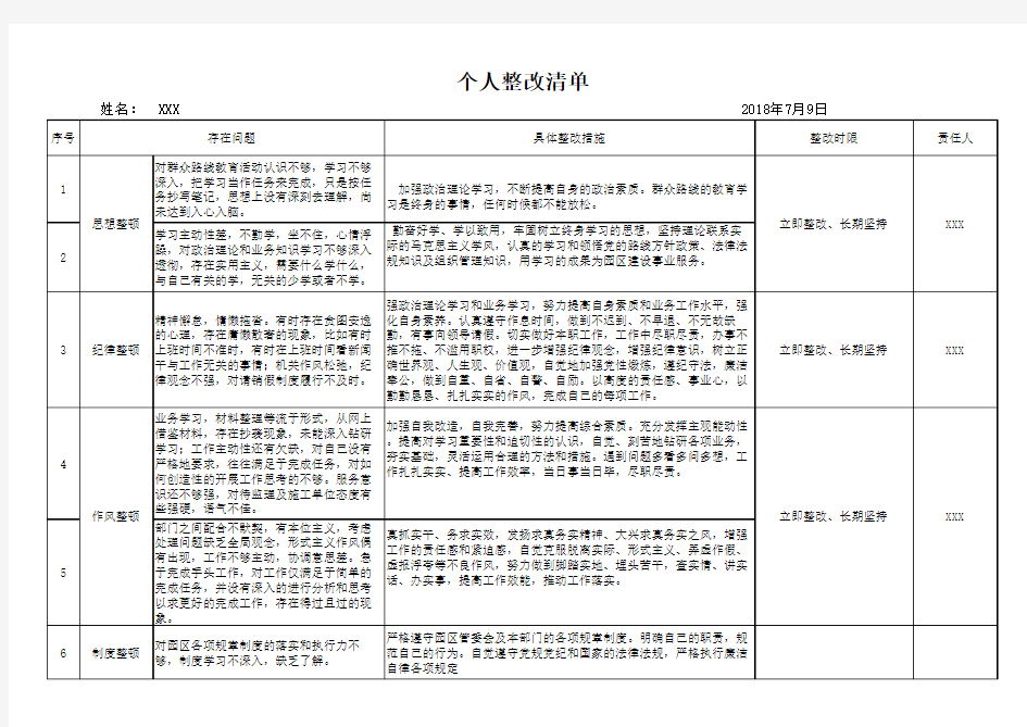 (个人整改清单)2018年,机关方面