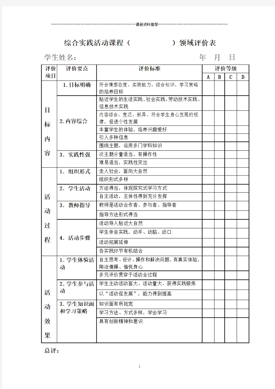 综合实践活动课程评价表精编版