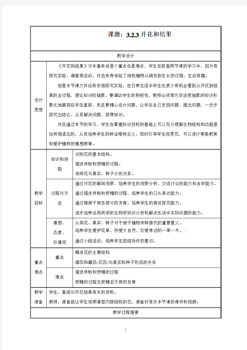 新人教版生物七年级上册《开花和结果》精品教案