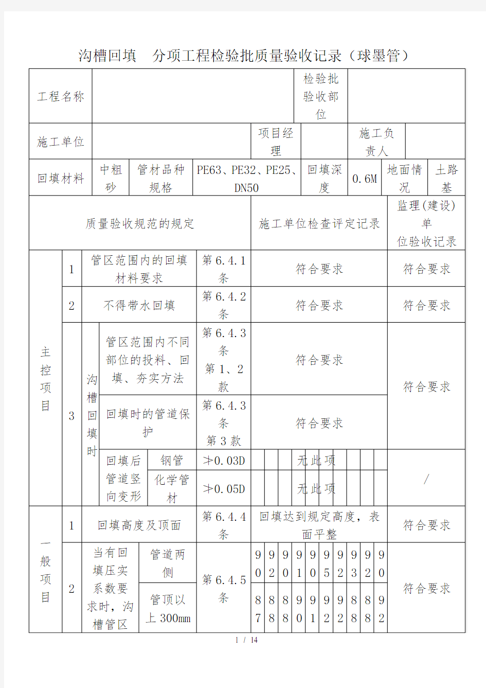 PE管及双壁波纹管施工分部分项检验批质量验收表格