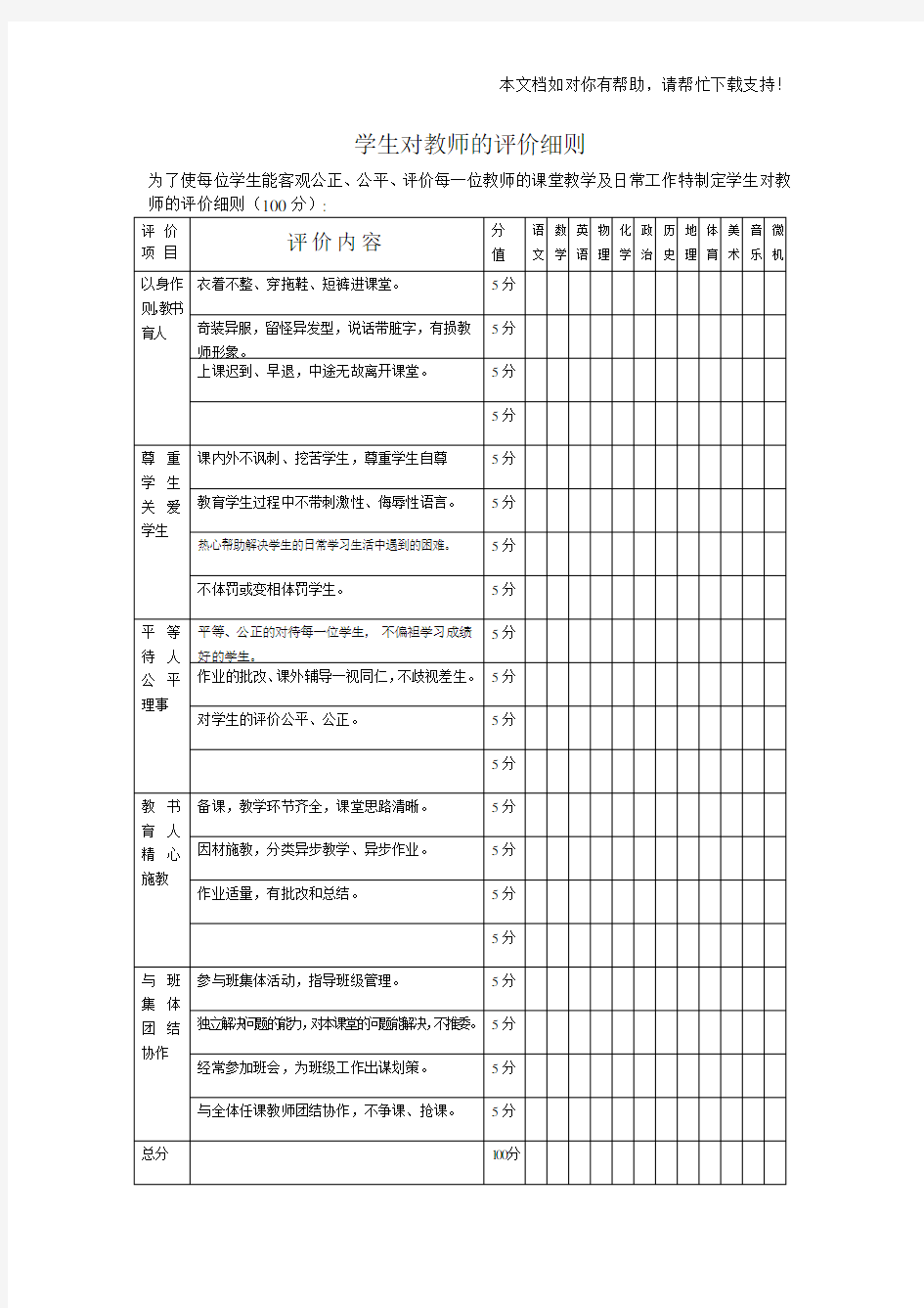 学生对教师的评价表