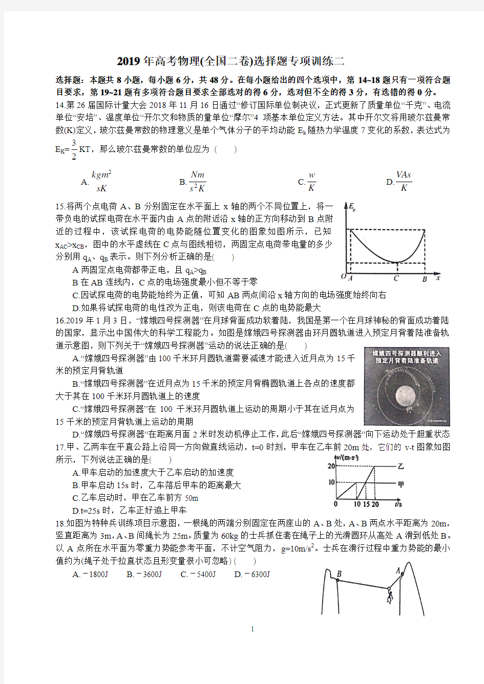 2019年高考物理(全国二卷)选择题专项训练二