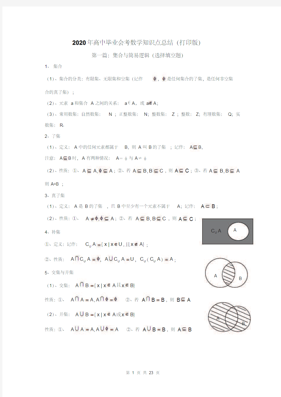 2020年高中毕业会考数学知识点总结(打印版)