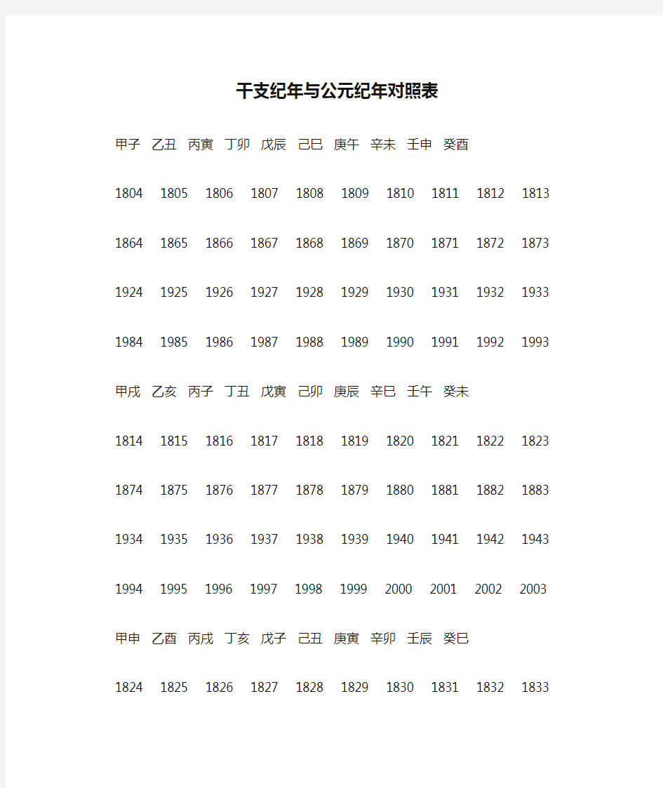 干支纪年与公元纪年对照表