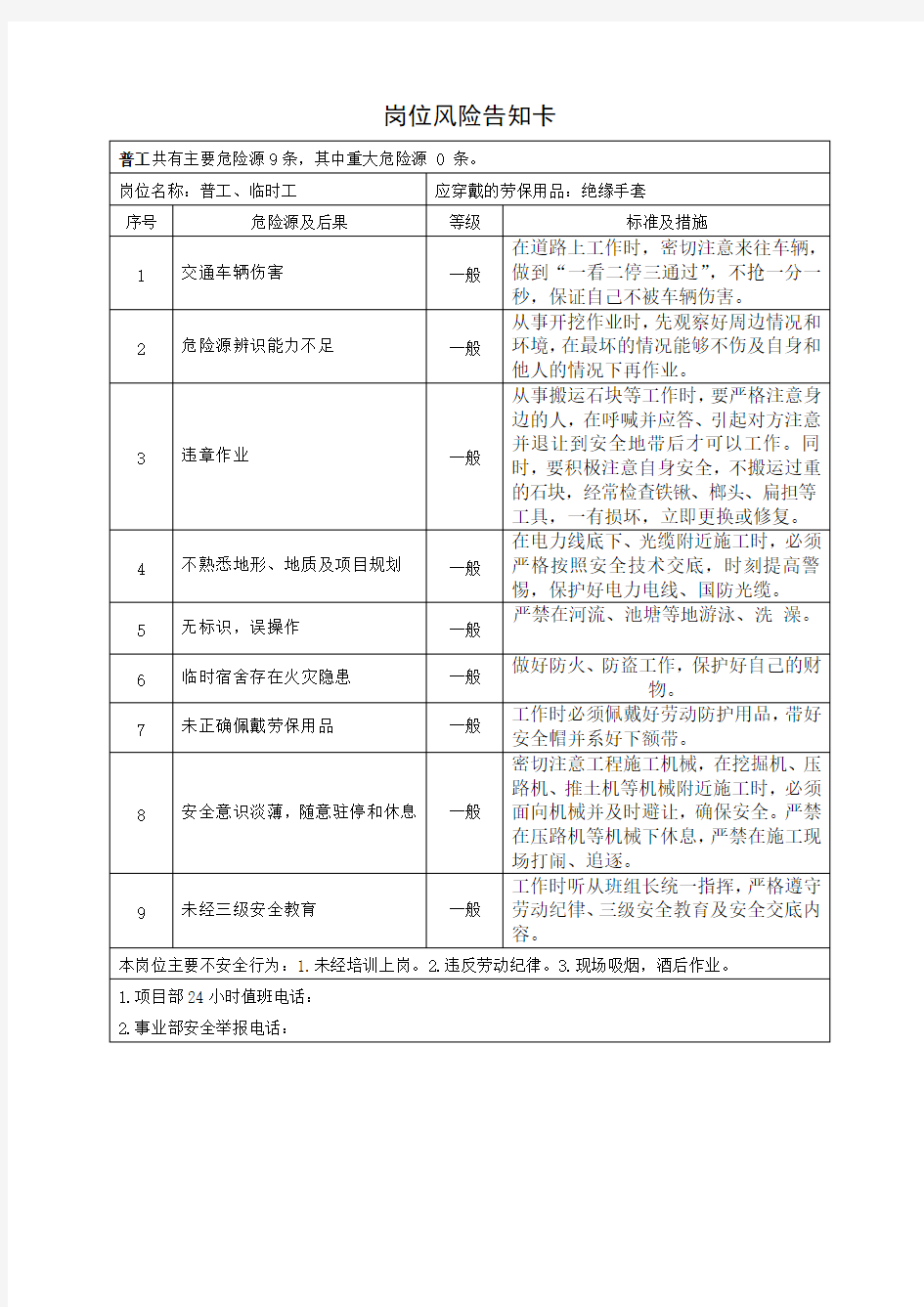 建设工程岗位风险告知卡