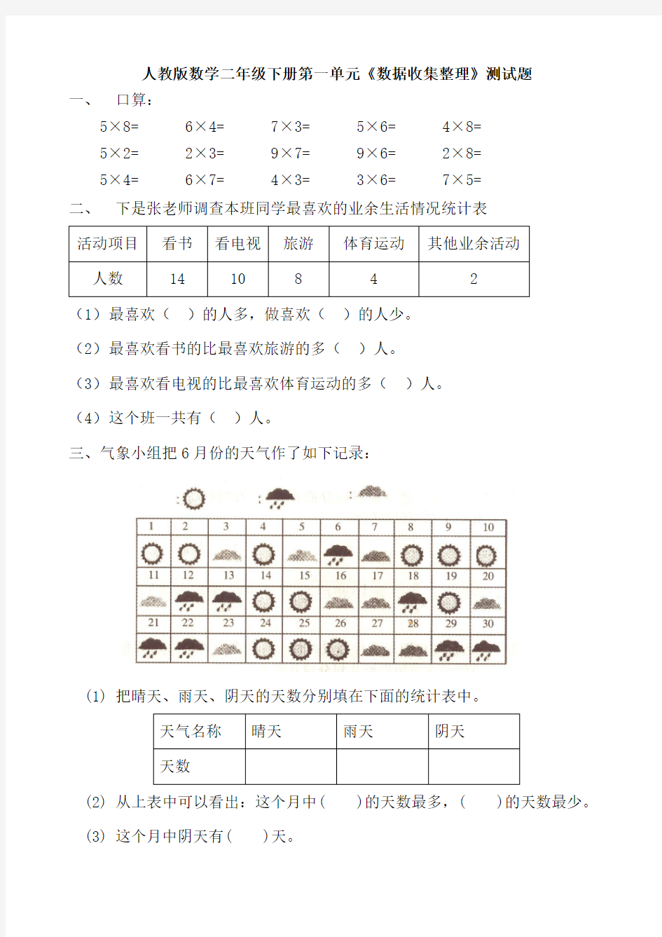 2018新人教版二年级下册数学各单元试卷