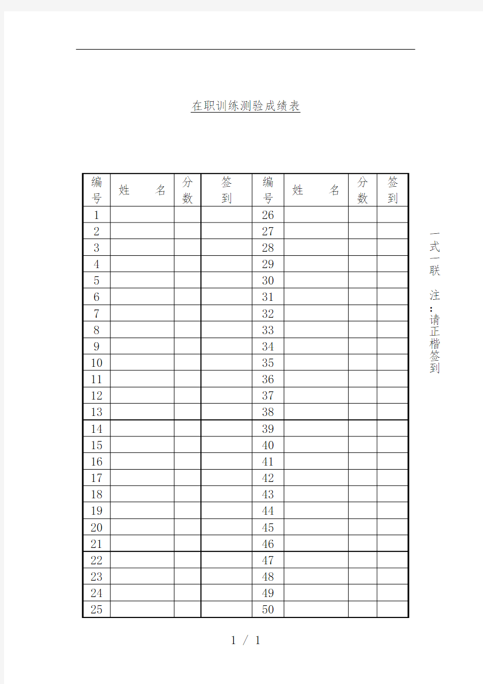 在职训练测验成绩记录表