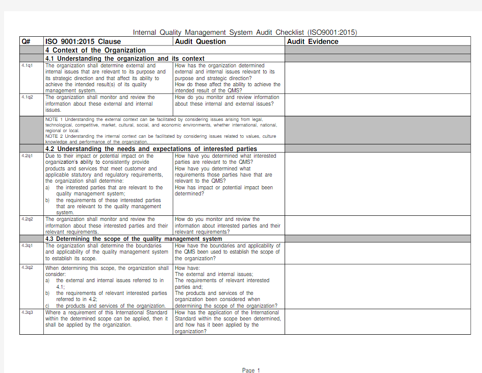 ISO 9001-2015 内审查检表