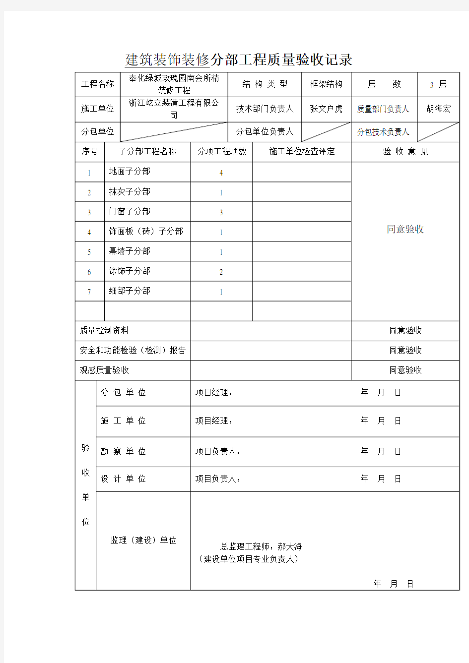 建筑装饰装修分部工程质量验收记录表