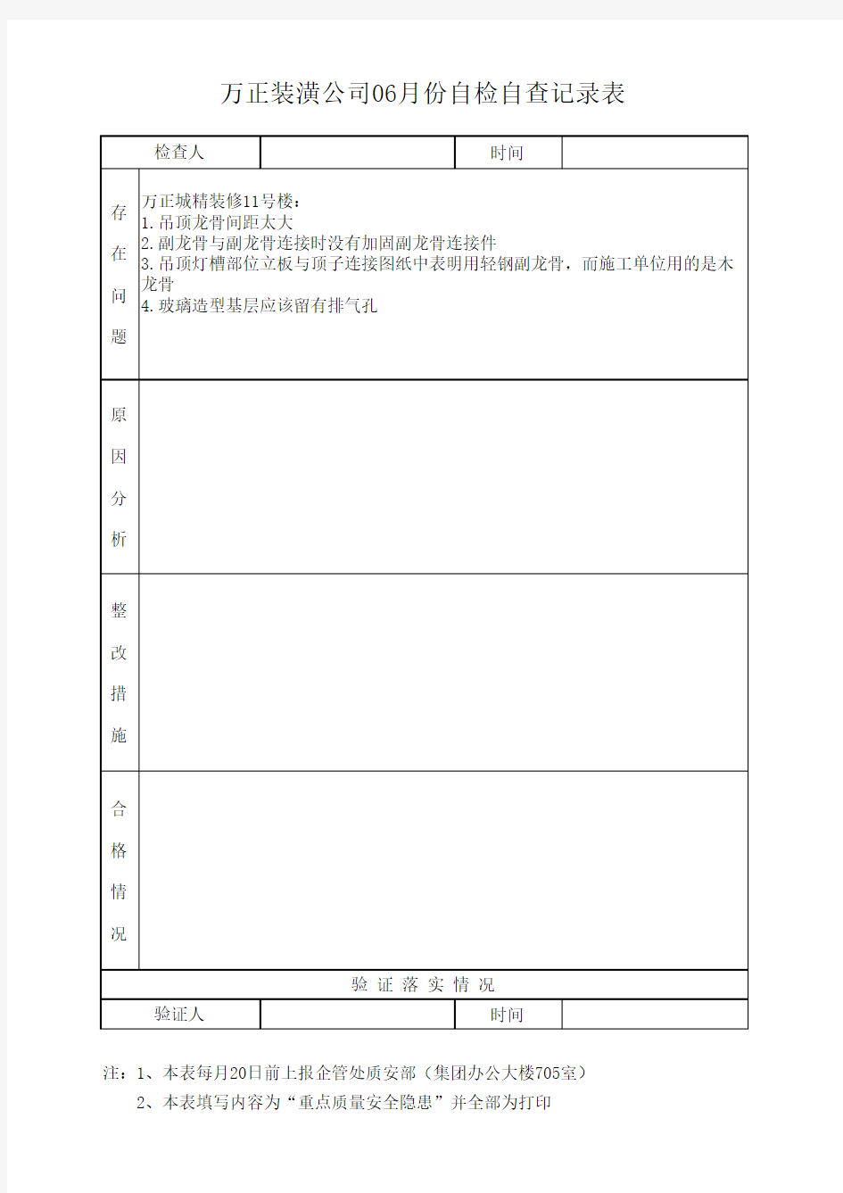 自检自查记录表