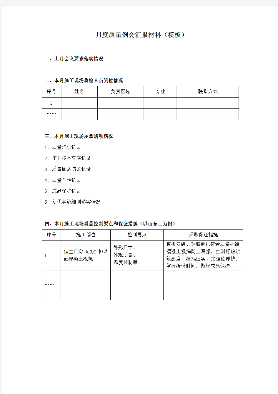 月度质量例会汇报材料(模板)