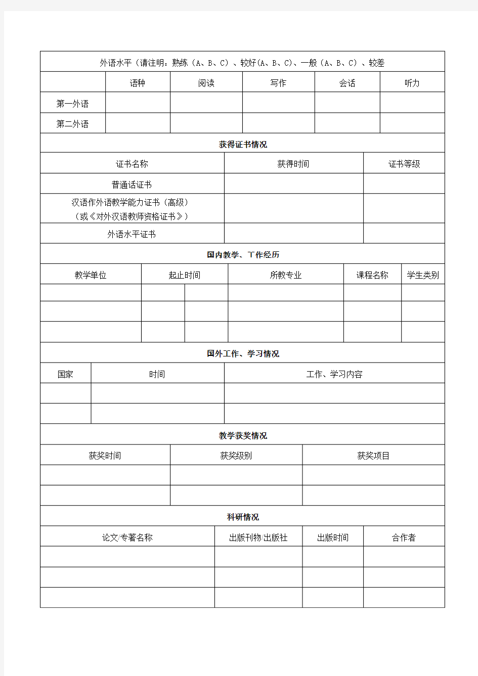 孔子学院(课堂)汉语教师推荐表