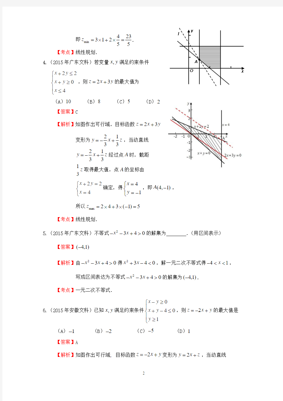 不等式2015年高考数学试题分类汇编及答案解析(专题六)