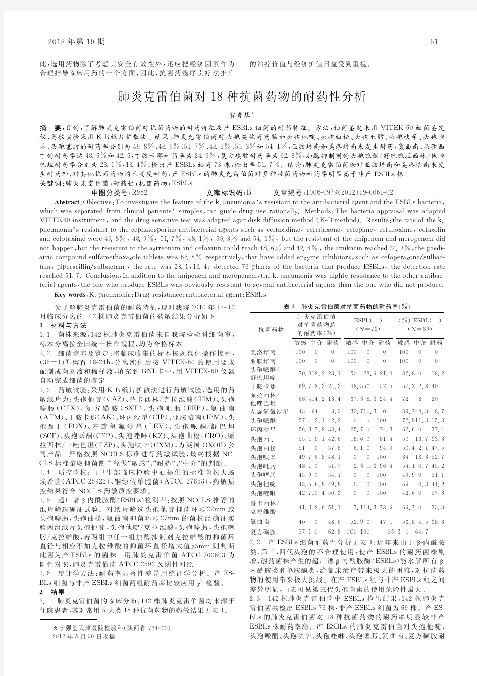 肺炎克雷伯菌对18种抗菌药物耐药性