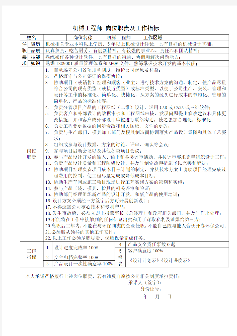 机械工程师岗位职责要求