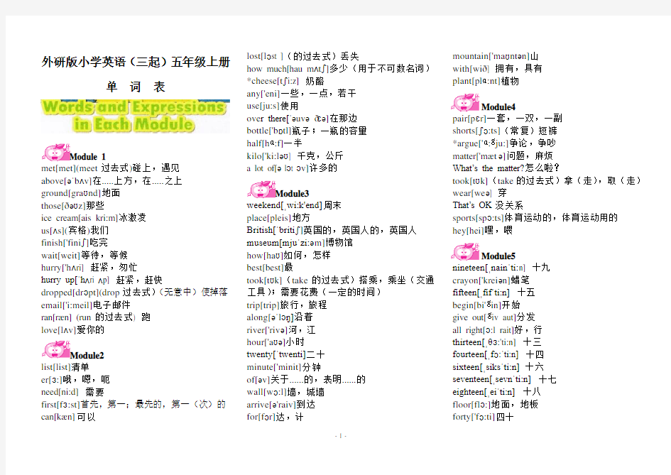 外研版小学英语(三起)五年级单词表(上下册,含音标)