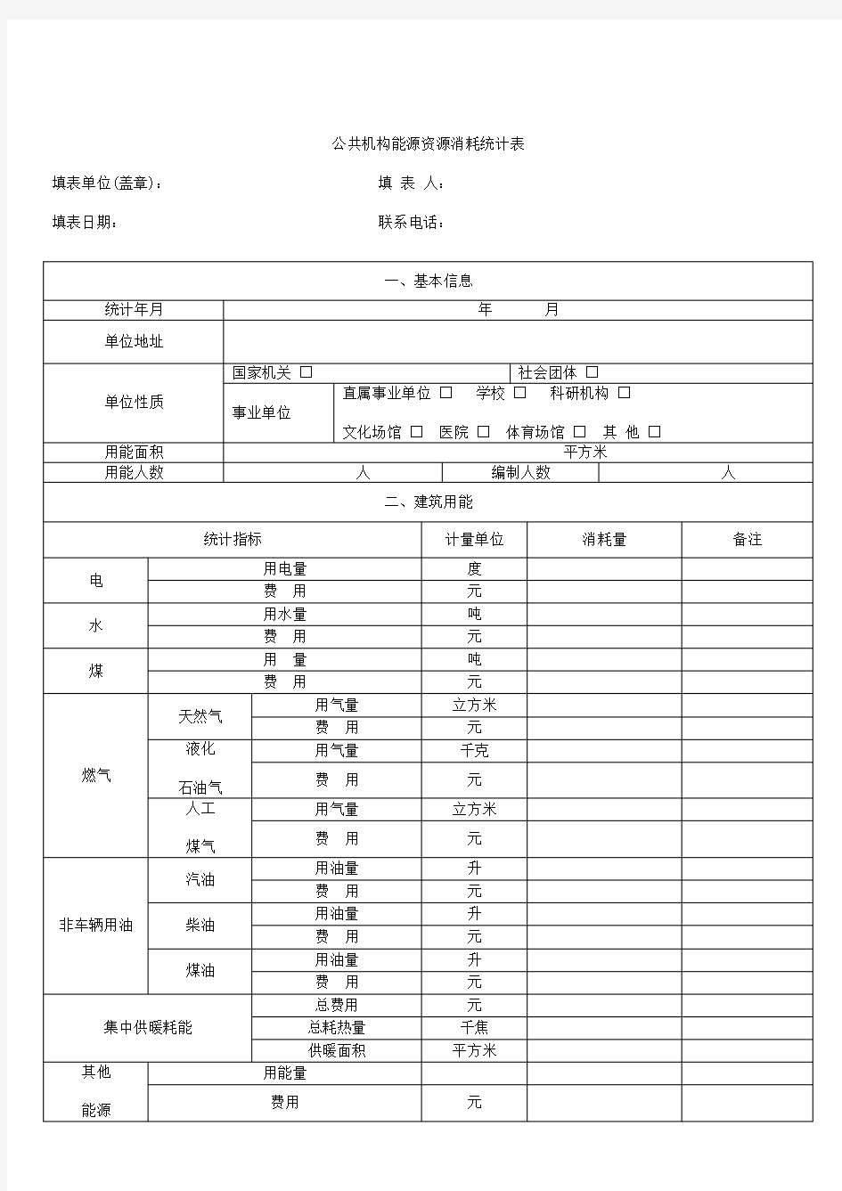 公共机构能源资源消耗统计表