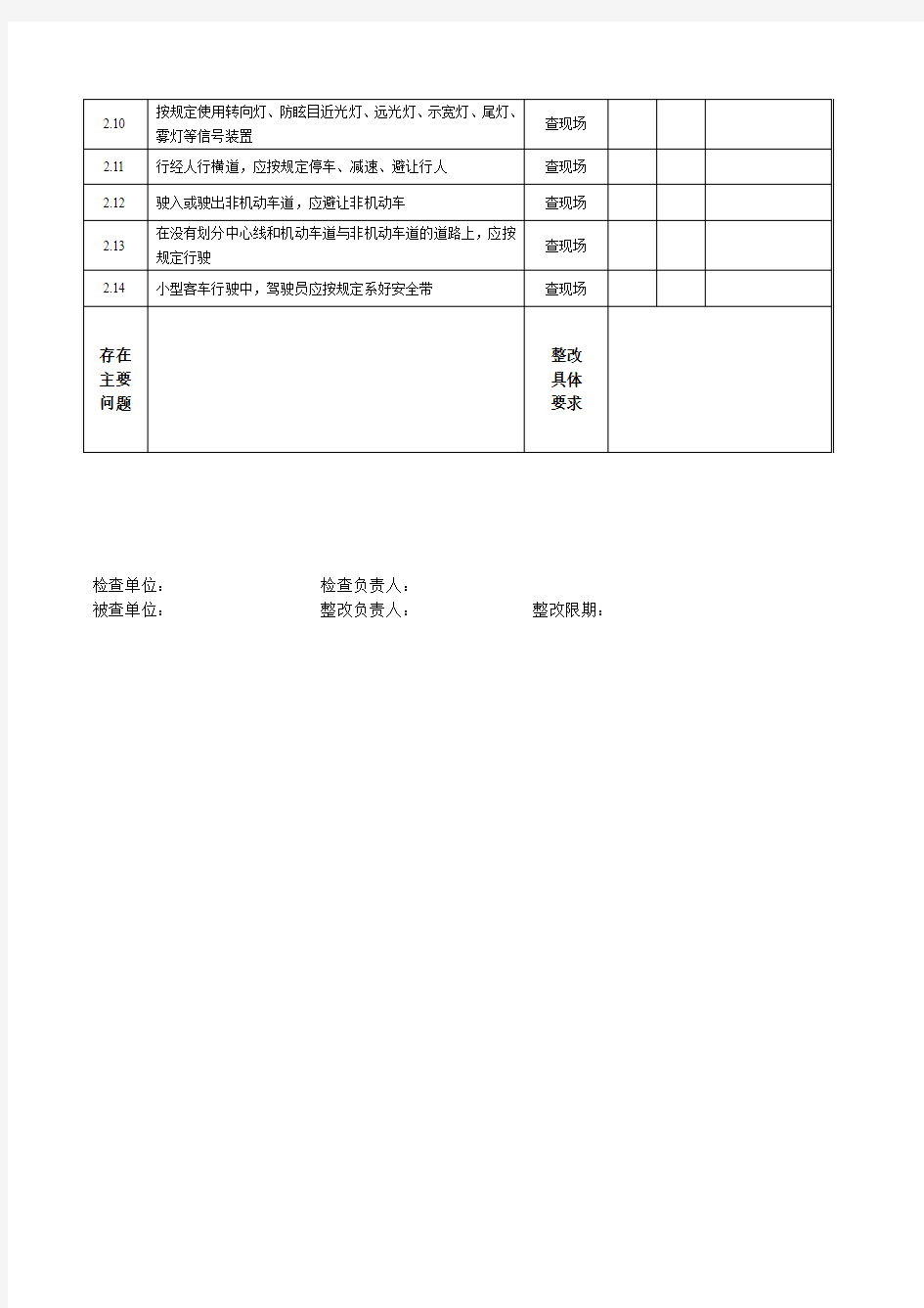 车辆驾驶员安全检查表