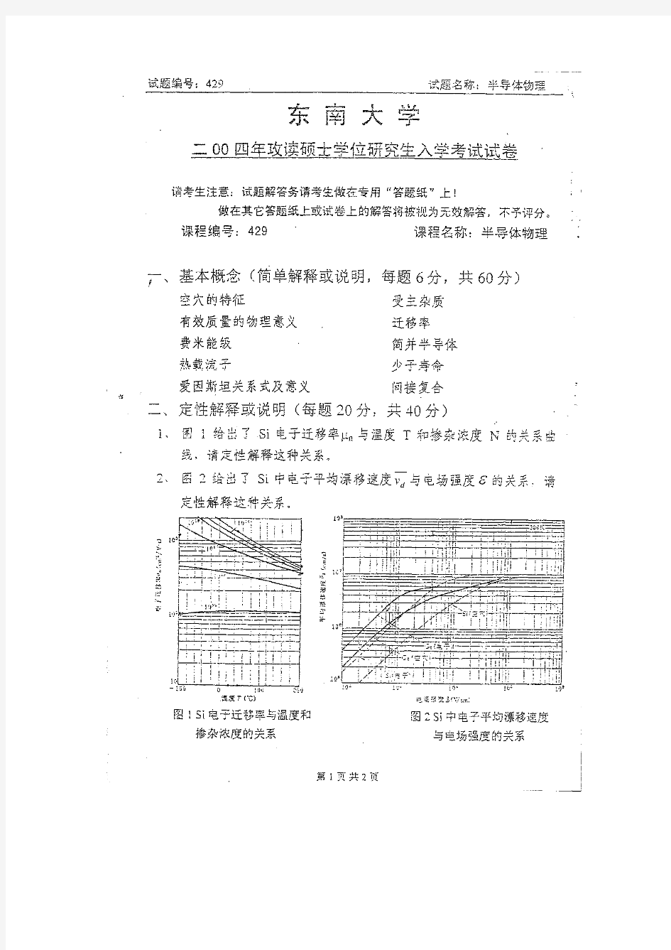 东南大学半导体物理2004考研真题