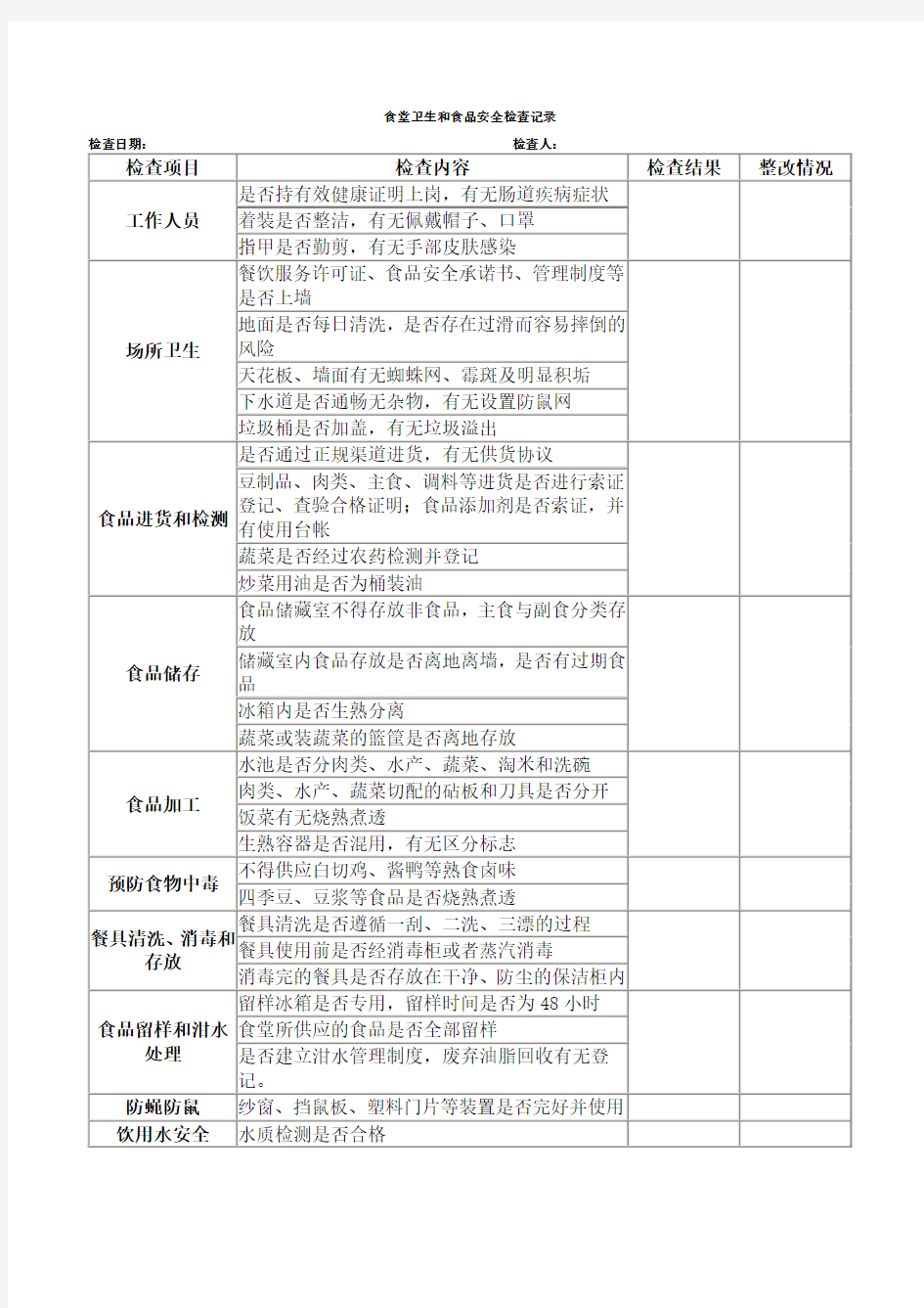 食堂卫生和食品安全检查记录