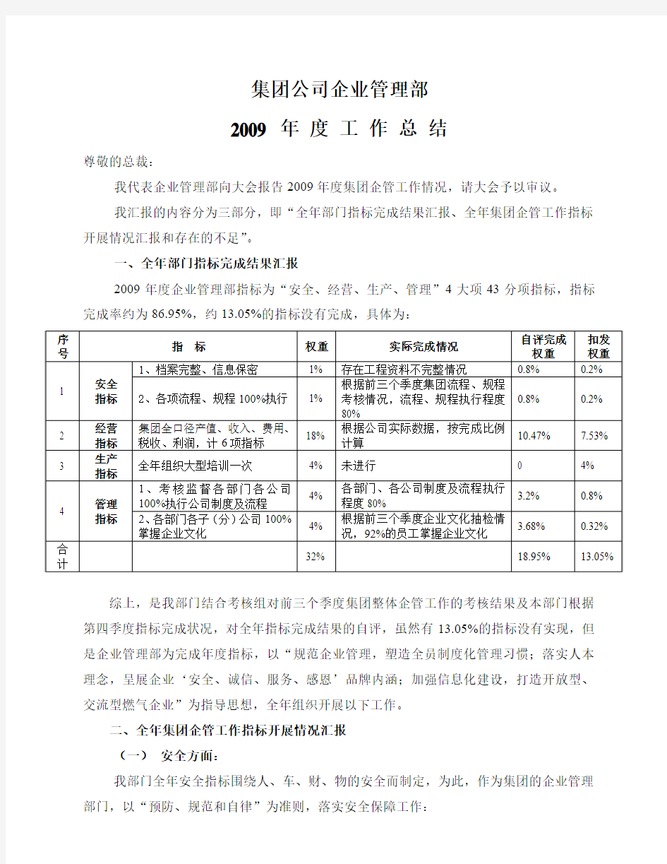 企业管理部2009年度工作总结