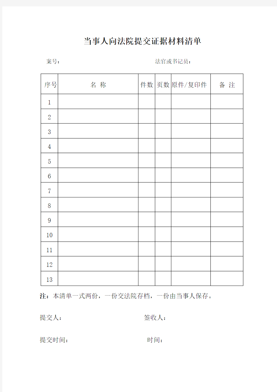 当事人提交证据材料清单