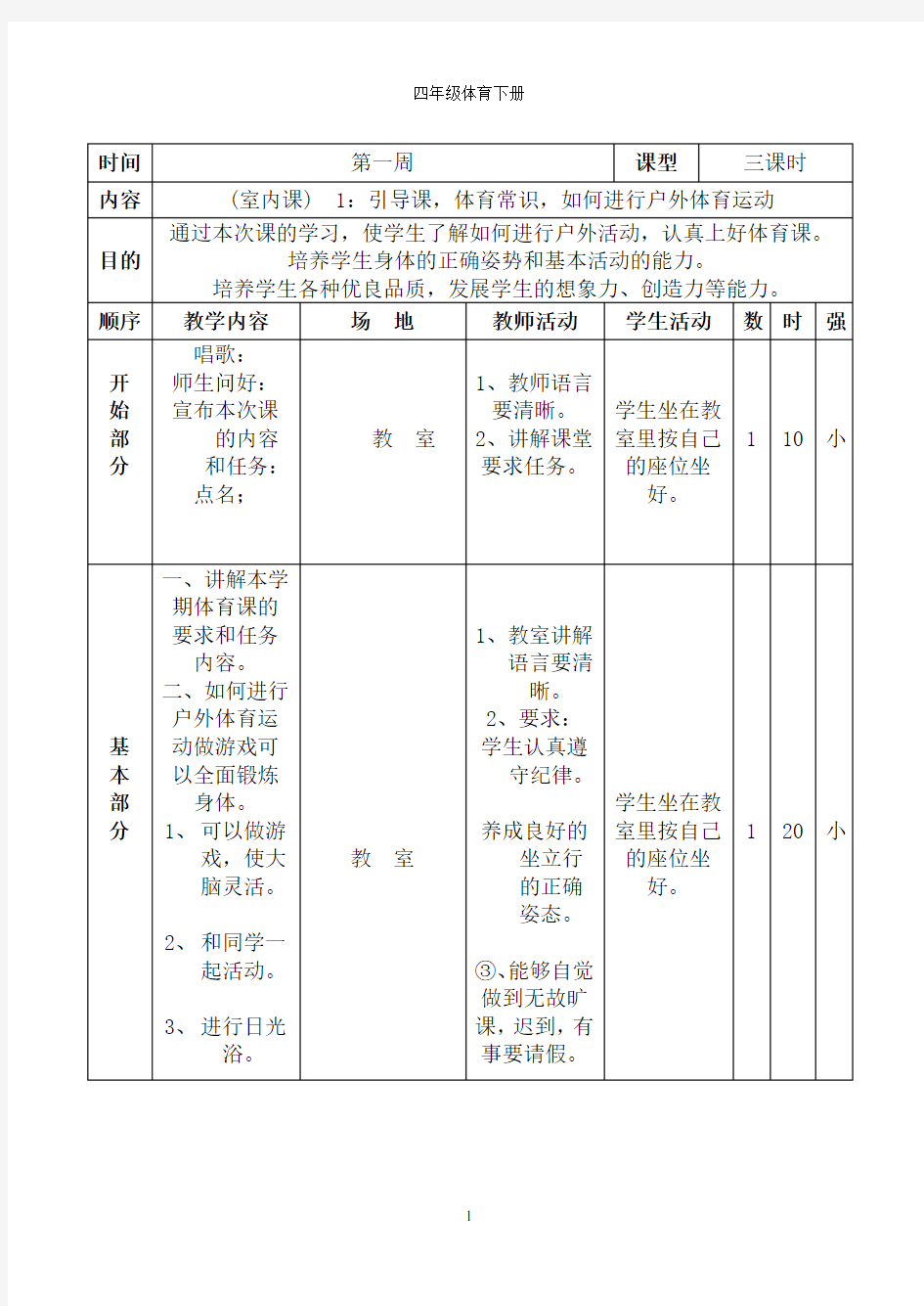 小学四年级下册体育教案(全册)