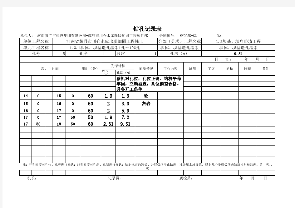 帷幕灌浆孔原始记录表