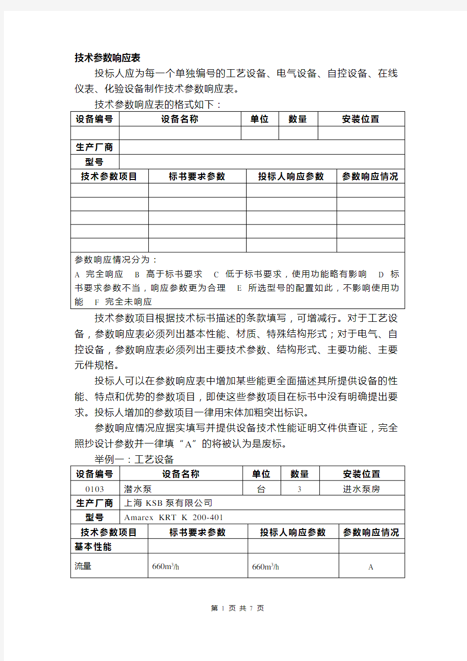 技术参数响应表