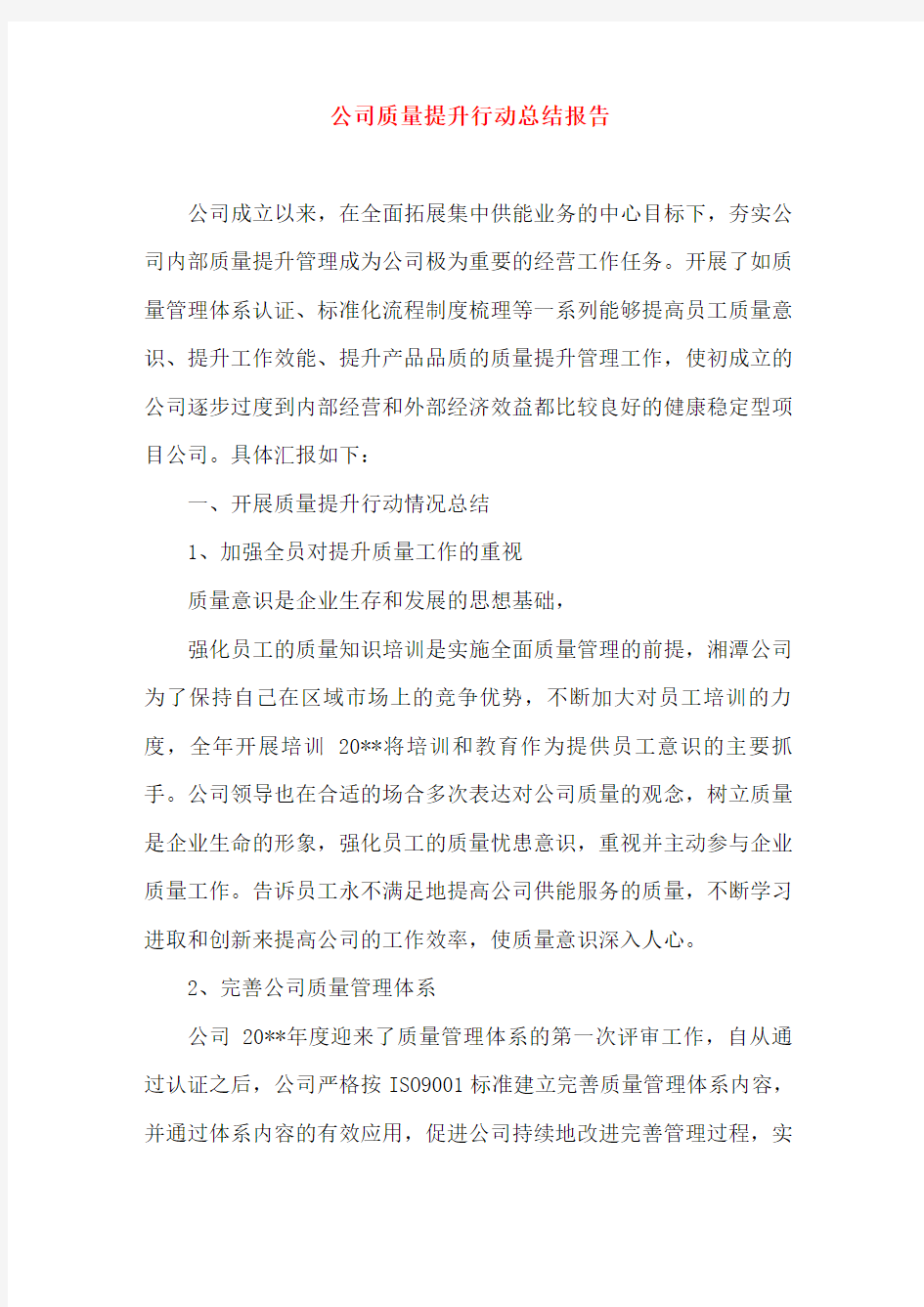 公司质量提升行动总结报告作总结