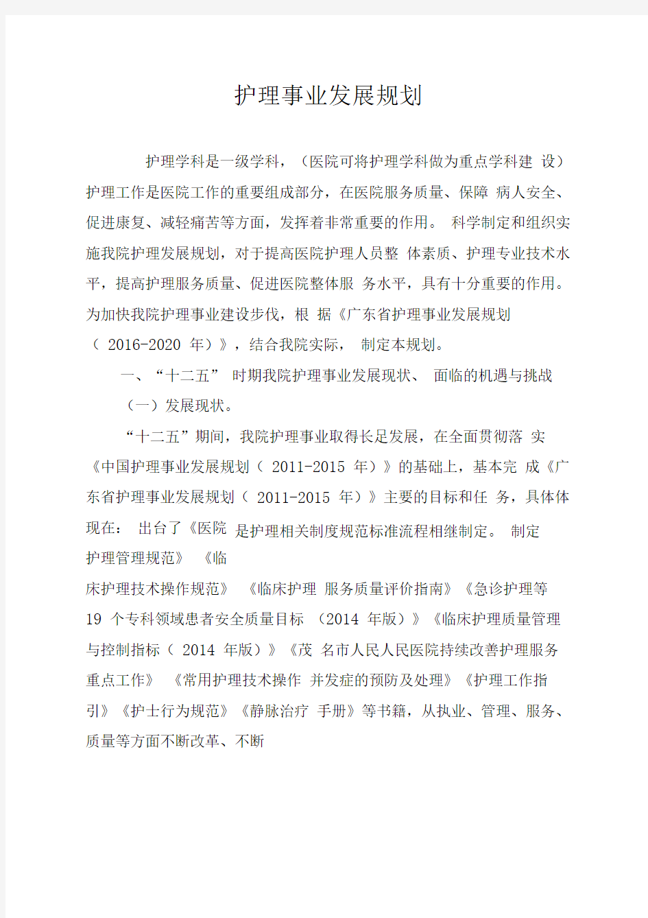 医院护理事业发展规划