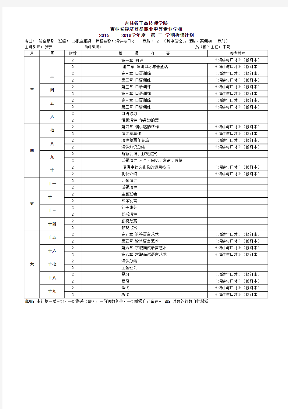 吉林省工商技师学院学期授课计划