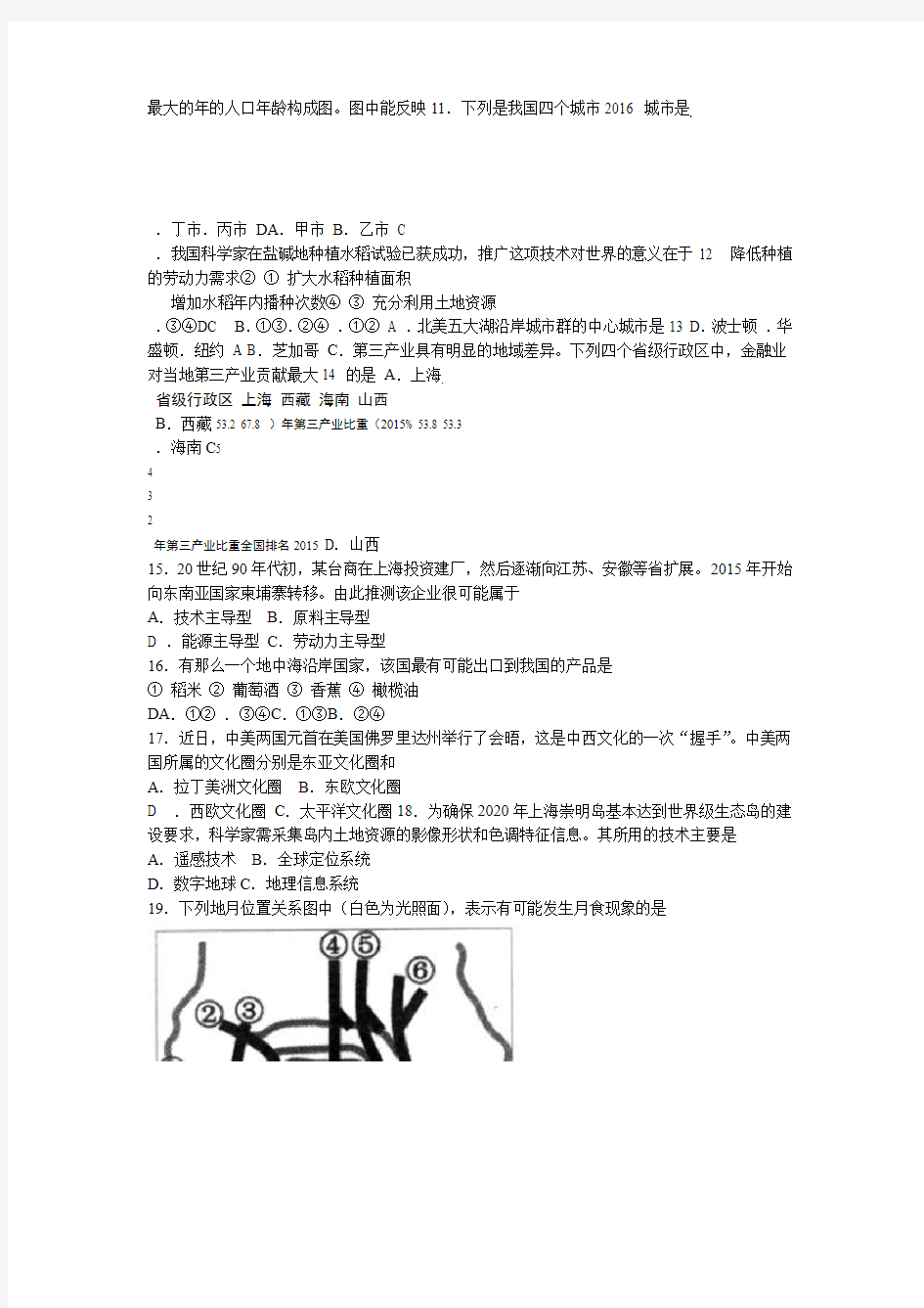 2017年上海高中地理等级考试真题及答案WORD打印版