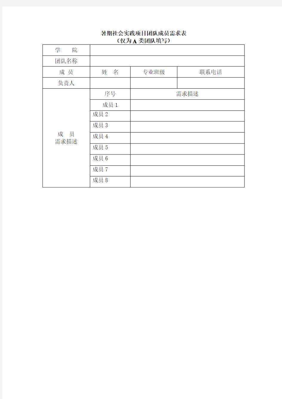 大学生暑期社会实践团队申报表