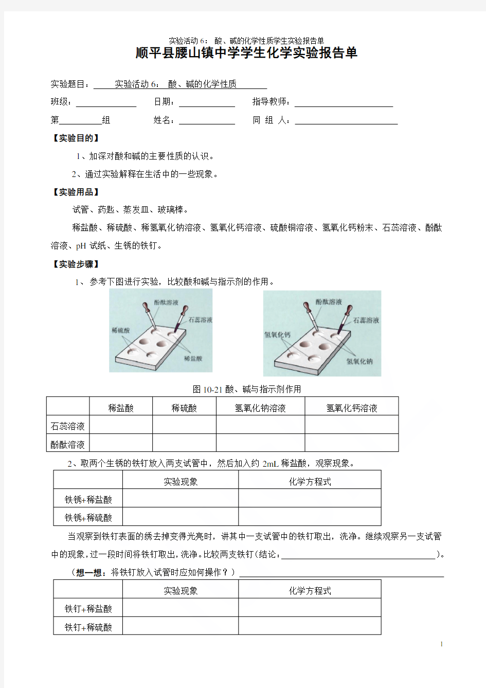 实验活动6： 酸、碱的化学性质学生实验报告单