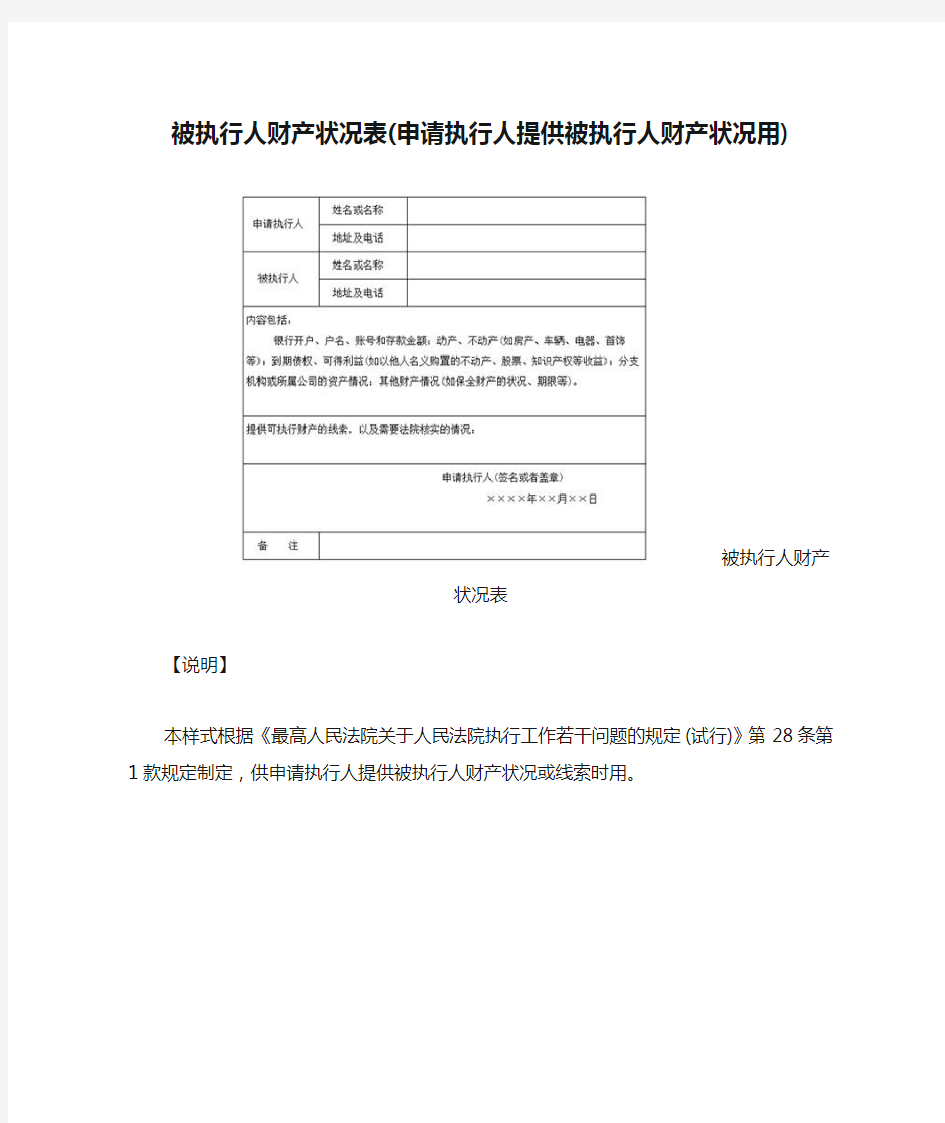 法律文书--被执行人财产状况表(申请执行人提供被执行人财产状况用)