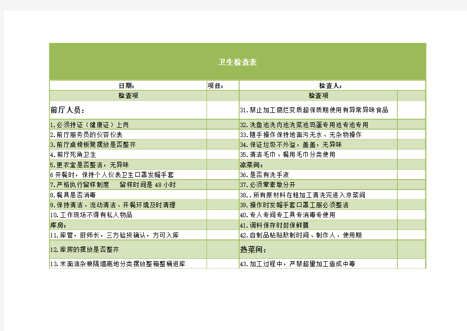 餐厅食堂卫生检查表