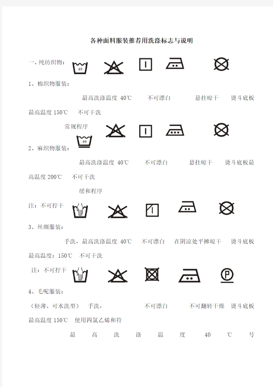 各种面料服装用洗涤标志与说明