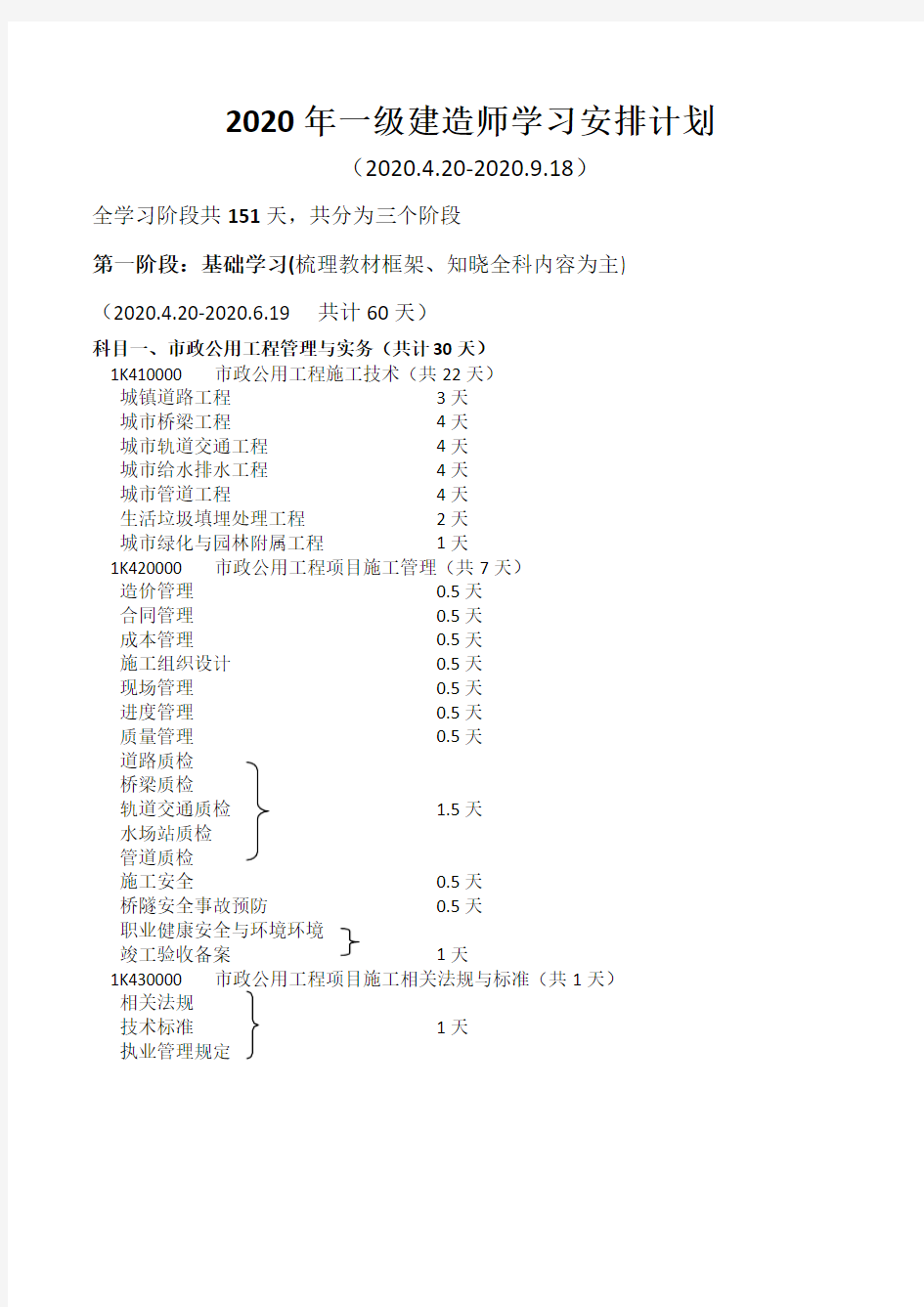 2020年一级建造师学习安排计划(市政)