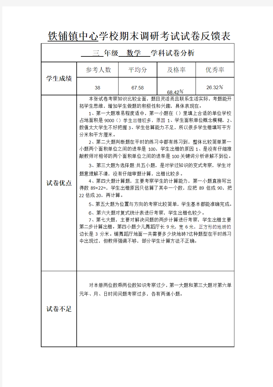 三二班数学期末试卷反馈表